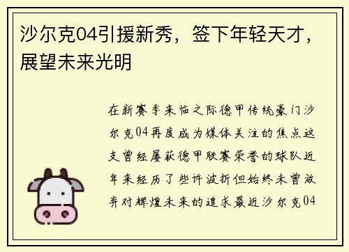 沙尔克04引援新秀，签下年轻天才，展望未来光明